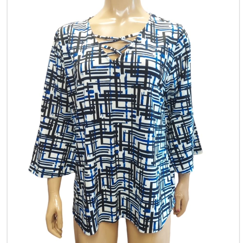 Robert Louis Black White Blue Abstract CrissCross VNeck Bell Sleeve Blouse